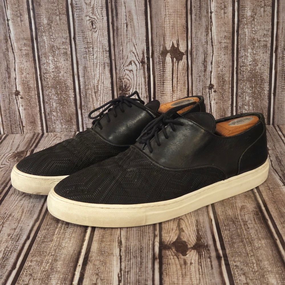 Sz 45 / 12 Mens Filling Pieces Low Top Black Leather Woven Sneakers Shoes